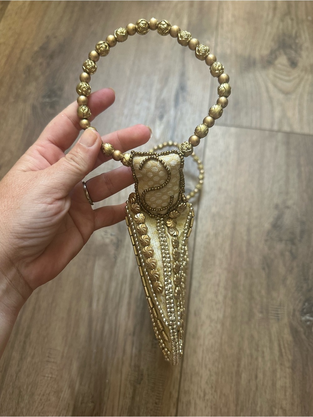 Handicraft Gold Beaded Potli Bag, Vintage Inspired Accents, Lotus Clutch, 11"x7" - Picture 7 of 15